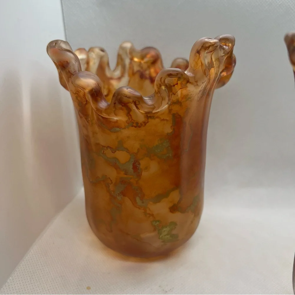 MCM Italian Swung Glass Candle Holders Amber with Metallic Swirls